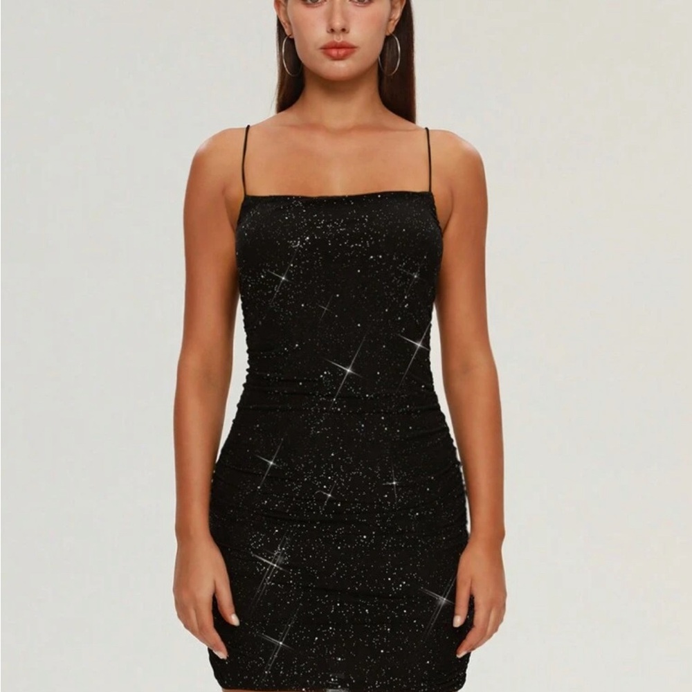 Black Sparkly Square Neck Mini Dress